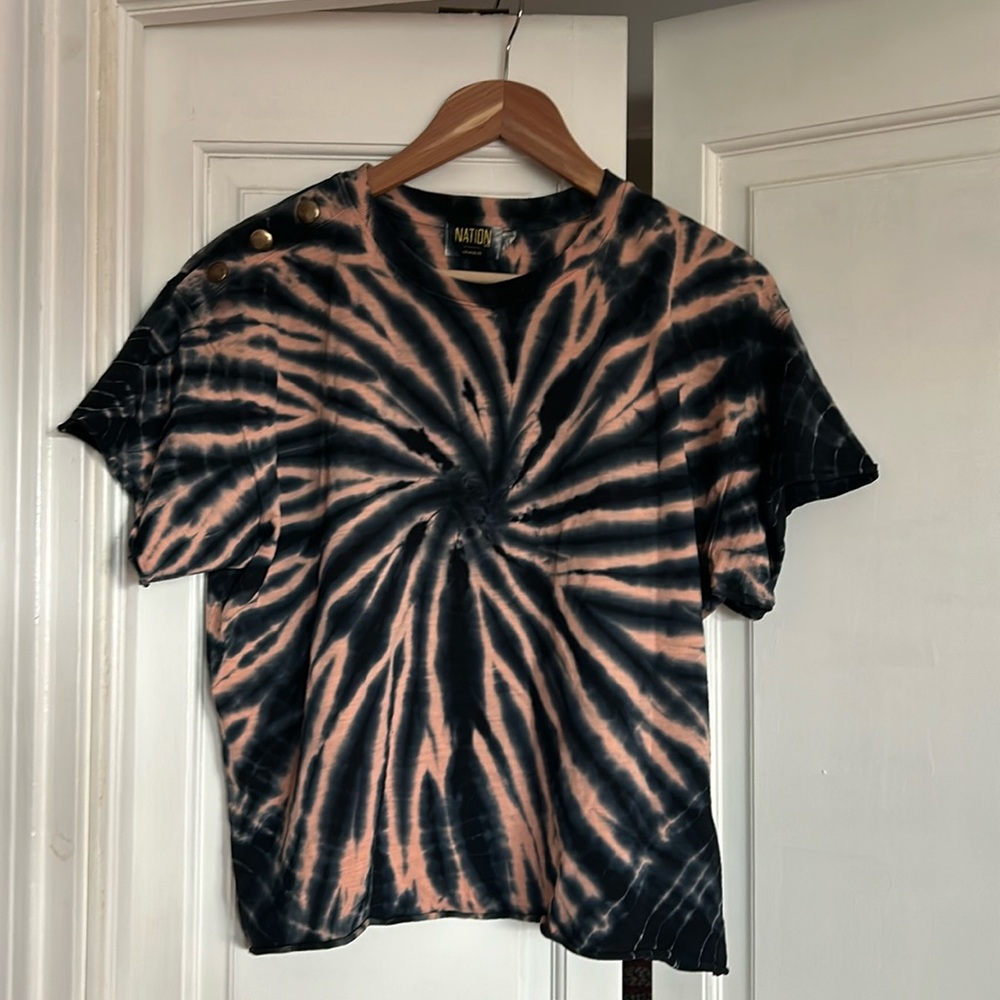 Nation LTD Los Angeles T Shirt Tie Dye Cropped Snap Buttons Blue Women's Small S